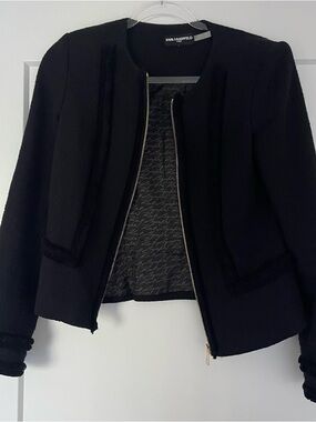 Karl Lagerfeld Black Zip-Front Tweed Blazer